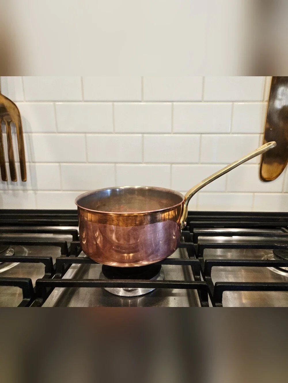Vintage French Copper Pot W/Brass Handle, Sauce Pot, Unmarked Tin-Lined Saucepan